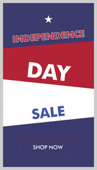 Vertical banner for sale on Independence Day USA. Vector illustration in colors of national flag of america. Marketing action by July 4th. Design with beveled backgrounds. Targeted advertising.
