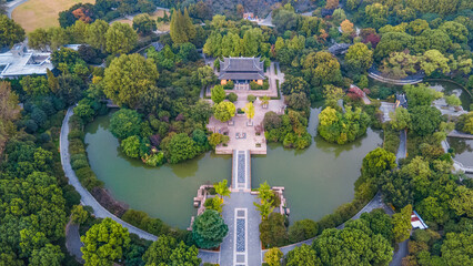 Aerial photography of Tianning Pagoda, Wenbi Pagoda, Hongmei Pavilion and Hongmei Park Scenic Spot in Changzhou City, Jiangsu Province, China