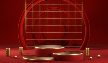 3D rendering of blank product background for cream cosmetics Modern red podium background