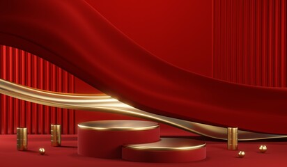 3D rendering of blank product background for cream cosmetics Modern red podium background