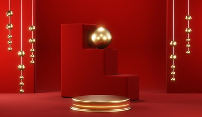 3D rendering of blank product background for cream cosmetics Modern red podium background