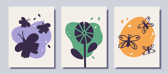 Set of abstract posters with butterflies and flowers. Vector illustration.