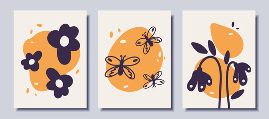 Posters with flowers and butterflies in doodle style. Vector illustration.