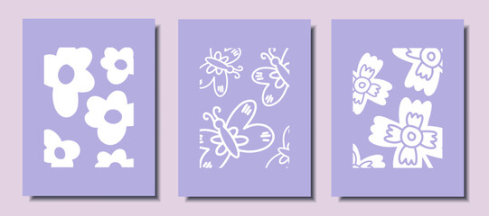 Set of cute posters with flowers and butterflies. Vector illustration.