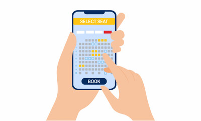 Men holding phone and select seat for movie. Movie seats booking smartphone interface. vector illustration.