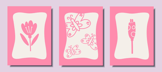 Bright posters in doodle style. Butterflies and flowers. Vector illustration.