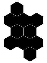 Black hexagon, honeycomb, design element, shapes, pattern with no strokes. Asset for photo collection, collage, template, frame, overlay, montage, clipping, layer mask. Transparent background.