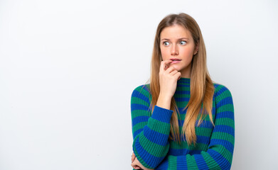 Young caucasian woman isolated on white background nervous and scared