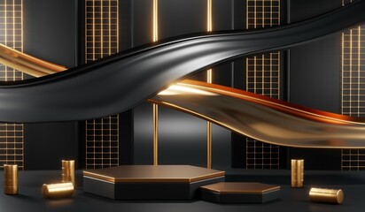 Obraz premium 3D rendering of blank product background for cream cosmetics Modern black podium background