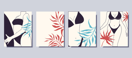 Modern bright posters. Minimalistic posters. Women in a bathing suit. Vector illustration