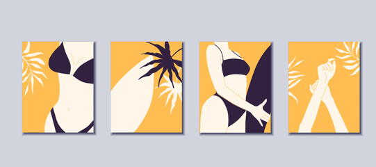 Collection of posters with women. Woman in a swimming suit. Surf woman. Minimalism. Vector illustration.