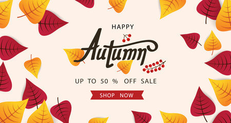 Autumn background with leaf for shopping sale Banner for promotion discount season. Vector illustration template. Thanksgiving backdrop