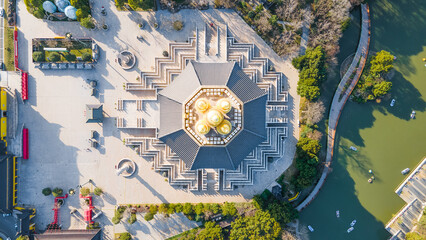 Aerial photography of Tianning Pagoda, Wenbi Pagoda, Hongmei Pavilion and Hongmei Park Scenic Spot in Changzhou City, Jiangsu Province, China