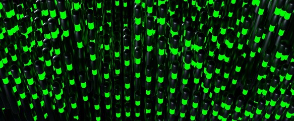 Futuristic green digital lights background. Surface made of glowing acid lanterns on 3d render black pins. Cyber clusters of web storages of information with modern techno design