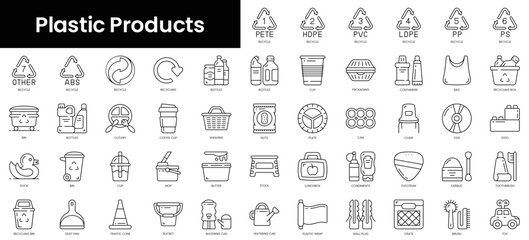 Set of outline plastic products icons. Minimalist thin linear web icon set. vector illustration. - obrazy, fototapety, plakaty