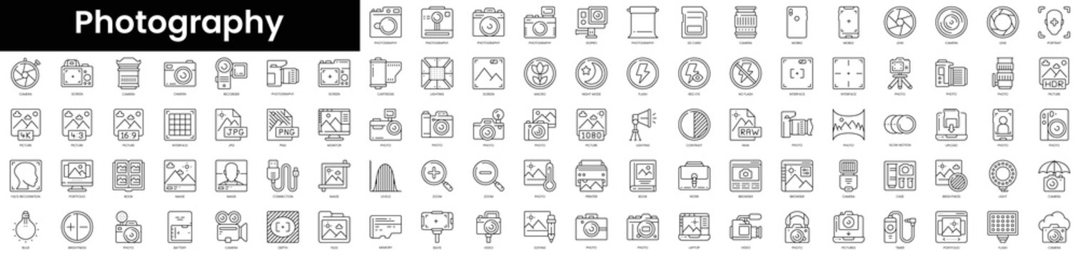 Set of outline photography icons. Minimalist thin linear web icon set. vector illustration.