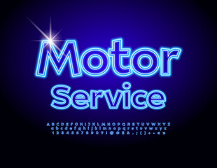 Vector neon logo Motor Service. Blue Glowing Font. Modern Alphabet Letters and Numbers set