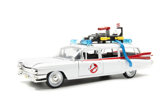 Algers, Algeria - August 20, 2022 - ECTO-1 - Ghost busters - Diecast Model Toy Car - on white background