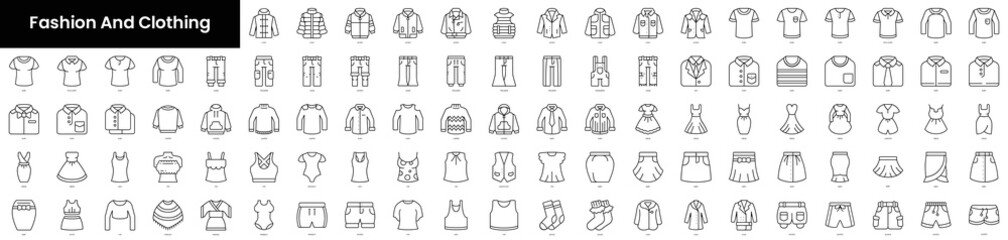 Set of outline fashion and clothing icons. Minimalist thin linear web icon set. vector illustration.