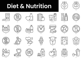 Set of outline diet and nutrition icons. Minimalist thin linear web icon set. vector illustration.