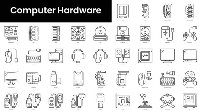 Set of outline computer hardware icons. Minimalist thin linear web icon set. vector illustration.