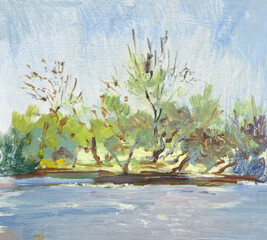 Painting oil on paperboard "Trees on the shore" . Sketch