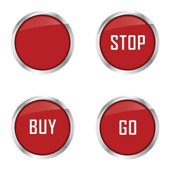 Set of four red vector buttons. With texts Stop, Buy, Go and without any text. Dark red buttons with chrome base.
