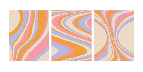 Groovy wave backgrounds set pastel line. Modern wave retro abstract design. Vector illustration.