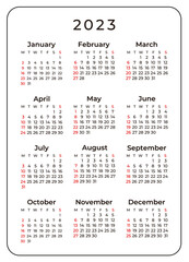 Pocket calendar vector template for 2023 year