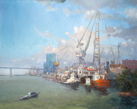 Painting oil on canvas "Ships and cranes in the cargo port"