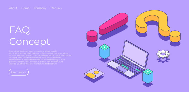 FAQ concept landing page in isometric vector illustration. Frequently asked questions. Question and allert sign with laptop and server. Search information. Vector illustration