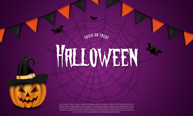 Realistic design template Happy halloween banner with creepy pumpkins
