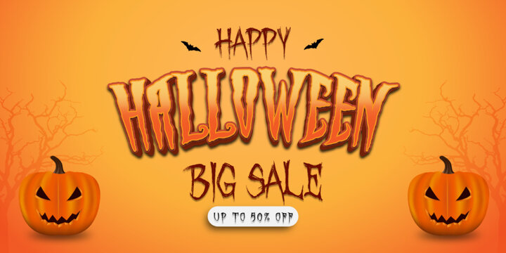 Realistic halloween sale banner with pumpkin character