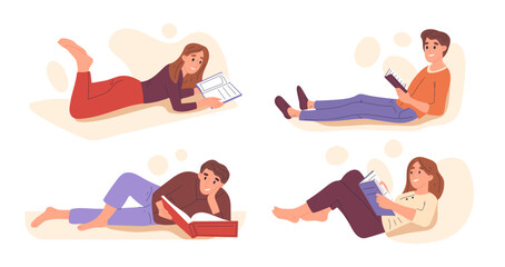 Flat reading people, studying characters, book lovers. Women and men with books, book readers, literature fans reading in comfy positions flat illustration set. People reading at home