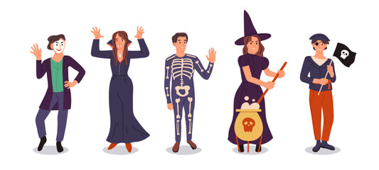 Halloween party characters wearing witch, vampire and pirate costumes. Spooky masquerade event, happy people treat or treating flat symbols illustration set. Cartoon Halloween characters