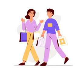 Shopping couple, happy young people walking together. Offline purchases, male and female characters buying goods, retail store buyers flat vector illustration set. Shopping characters