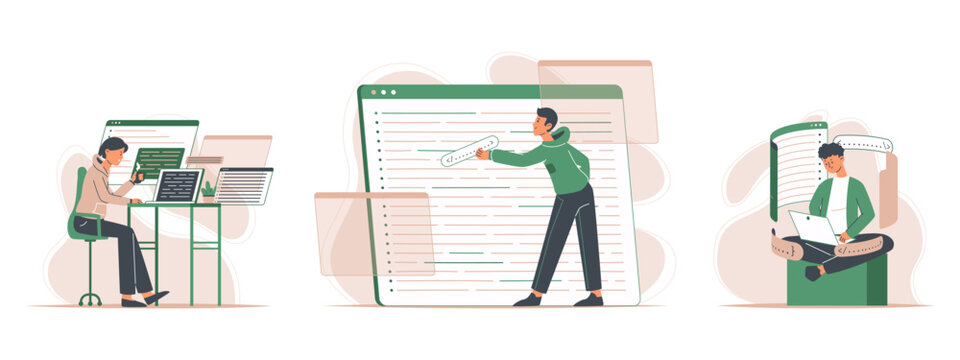 Software engineers, IT developers and programmers characters. People script coding and testing, python programming developers flat vector illustration set. Outline software engineers