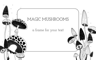 Obraz premium Mushroom magic. Frame template for your text. Doodle style.