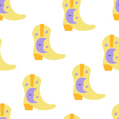 Seamless pattern with yellow cowboy boots with moon and stars. Wild west, western, cowgirl disco party concept. Vector trendy background.