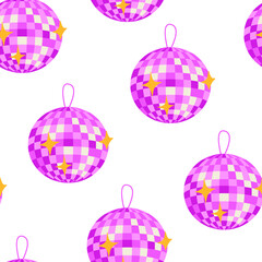 Seamless vector pattern with disco balls and stars. Vector flat background. Party, celebration, psychedelic, hippie concept.