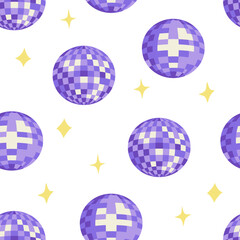 Seamless vector pattern with disco balls and stars. Vector flat background. Party, celebration, psychedelic, hippie concept.