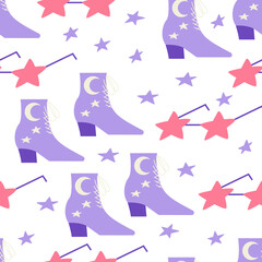Seamless pattern with cowgirl disco accessories. Cowboy boots and star shape sunglasses. Vector flat background 