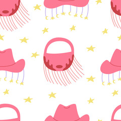 Seamless pattern with cowgirl disco accessories. Saddle bag and cowboy hat. Vector flat background 