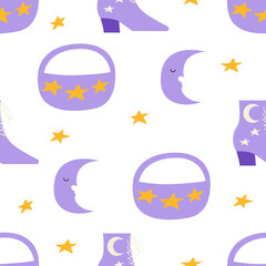 Seamless pattern with cowgirl disco accessories. Cowboy boots, baguette bag. crescent moon and stars. Vector flat background 