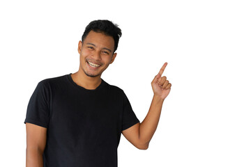 Fototapeta premium close up asian man smile during make hand gesturing (add content) isolated on white color background for business lifestyle and design concept