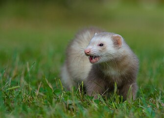 Hunting ferret on the green grass. 