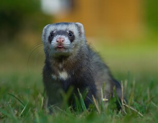 Black sable ferret on the grass.       