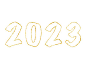 Happy New Year 2023, outline text. Golden numbers, gold texture. Isolated png illustration, transparent background. Asset for overlay, montage, collage, greeting, invitation card.