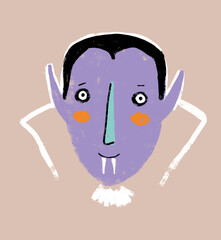 Funny Smiling Vampire with Long Tooth and Violet Face. Cute Hand Drawn Halloween Vector Illustration with Vampire Head on a Beige Background. Infantile Style Halloween Art ideal for Card, Poster.