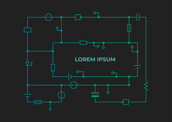 Template of an electric circuit with inscription on a dark background. Background illustration for scientific and technical articles.